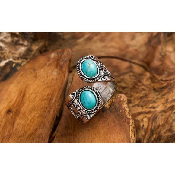 Vintage Style Open Ring Inlaid Turquoise Bohemian Women's Ring Size 8 - Picture 1 of 5